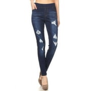 JVINI Women's Stretch Pull On Jeans Ripped Distressed Skinny Denim Jeggings Size Medium / Dark Blue Wash