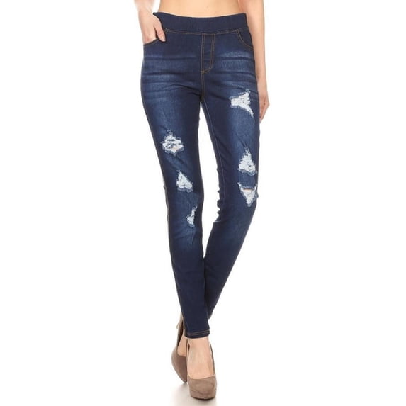 Women's Stretch Pull On Jeans Ripped Distressed Skinny Denim Jeggings Size Medium / Dark Blue Wash
