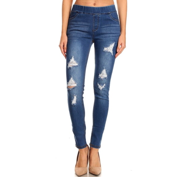 Jvini Women's Stretch Pull On Jeans Ripped  Skinny Denim Jeggings  Plus Size Available  2XL 18-20  / Medium Blue