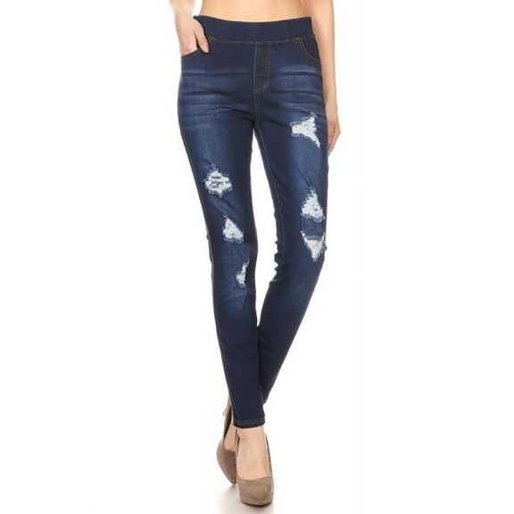 Women's Stretch Pull On Jeans Ripped Distressed Skinny Denim Jeggings Size X-Large / Dark Blue Wash