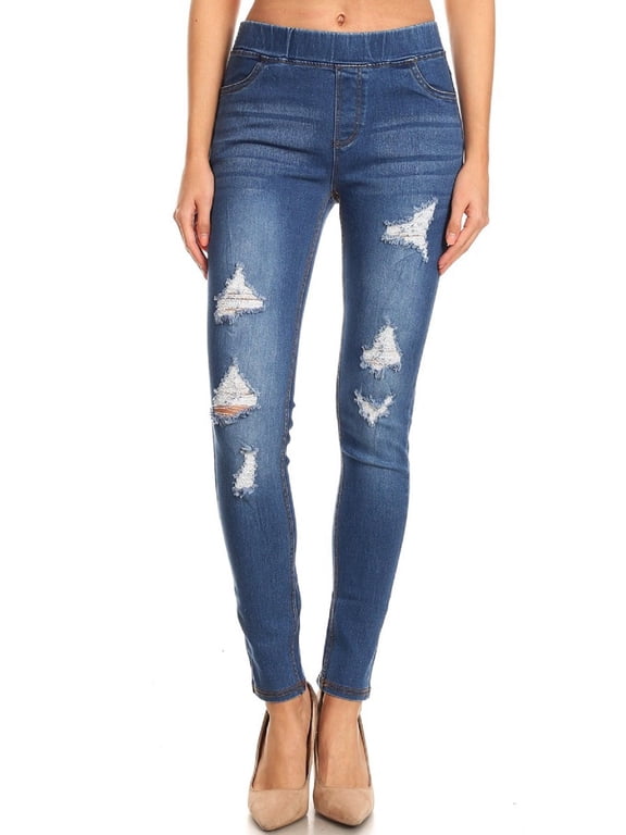 Women's Stretch Pull On Jeans Ripped Distressed Skinny Denim Jeggings Size X-Large / Medium Blue Wash