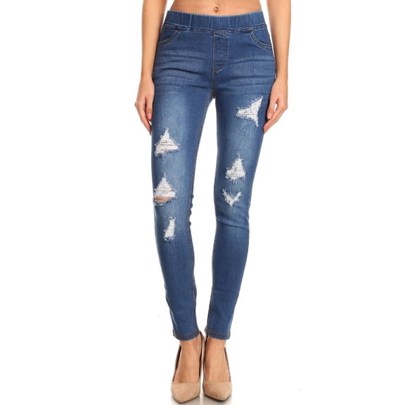 Women's Stretch Pull On Jeans Ripped Distressed Skinny Denim Jeggings Size X-Large / Medium Blue Wash