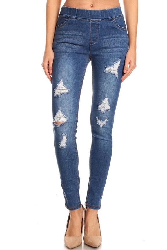 Women's Stretch Pull On Skinny Jeans Ripped Denim Jeggings Elastic Waist Tummy Control Plus Size 3XL Medium Blue