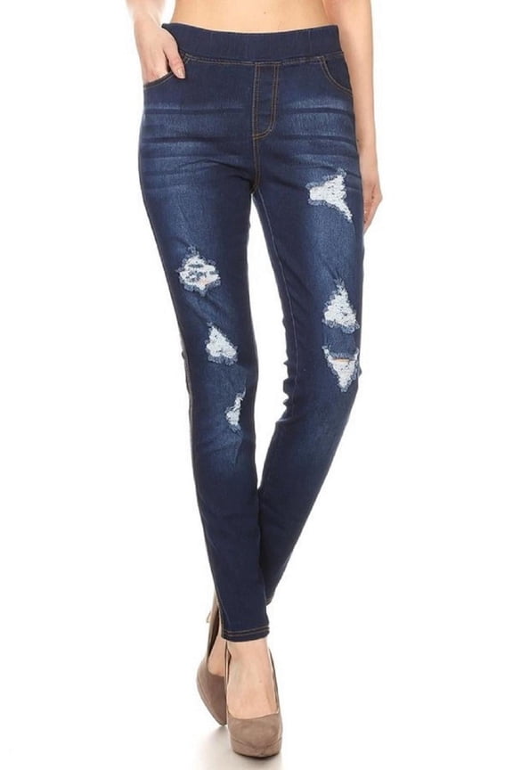 Women's Stretch Pull On Skinny Jeans Ripped Distressed Denim Jeggings Size Small / Dark Blue Wash
