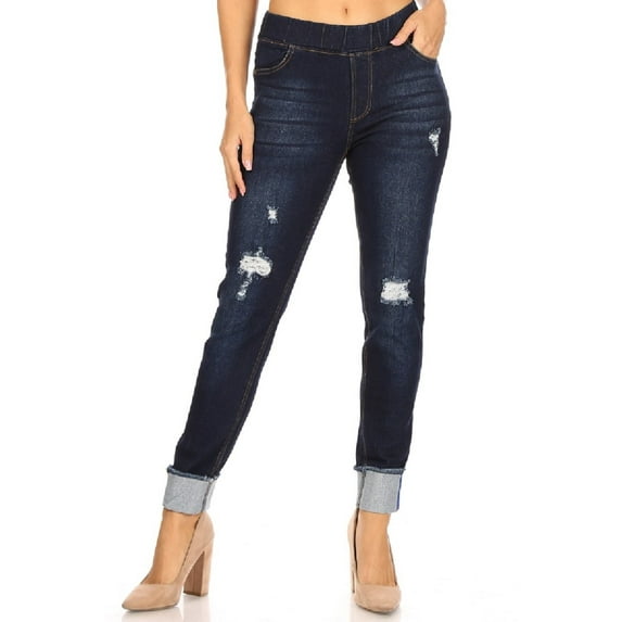 Women's Stretch Pull On Skinny Jeans Ripped Rolled Striped Cuff Denim Jeggings Size 2XL / Dark Wash