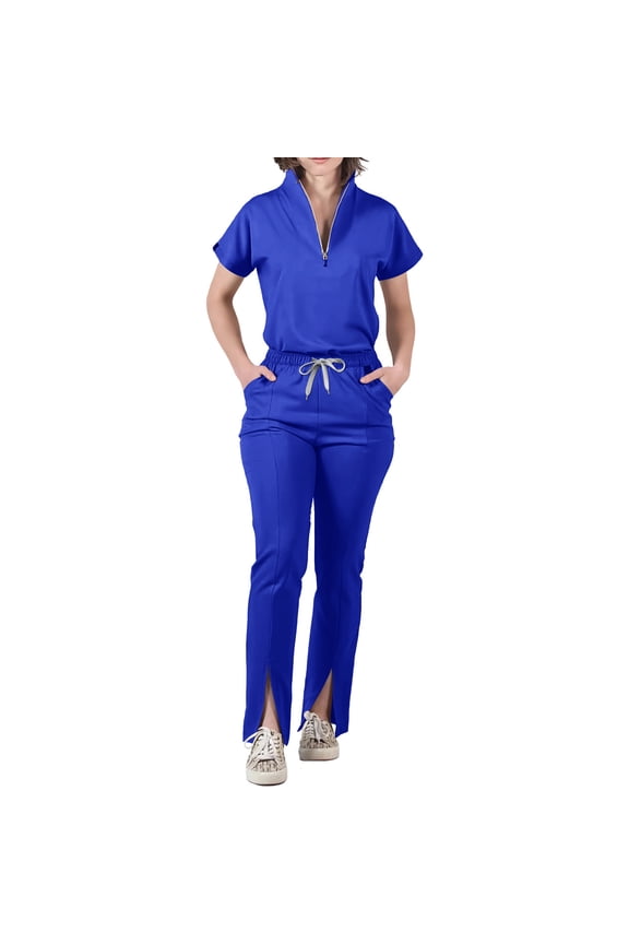 Women's Stretch Quick Drying Scrub Sets Zip Half V Neck Scrub Tops Drawstring Split Hem Cargo Pants Nursing Medical Uniform Royal Blue S