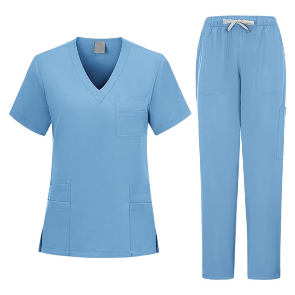 Women's Stretch Scrub Set - Cool V-Neck Top & Cargo Pant, Breathable Moisture Wicking Medical Uniform 2025 Light Blue L