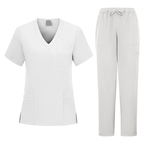 Women's Stretch Scrub Set - Cool V-Neck Top & Cargo Pant, Breathable Moisture Wicking Medical Uniform 2025 White S