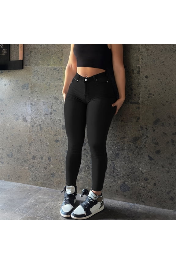 Women's Stretch Skinny Jeans - Elastic Waistband Solid Color Slim Fit Denim Pants