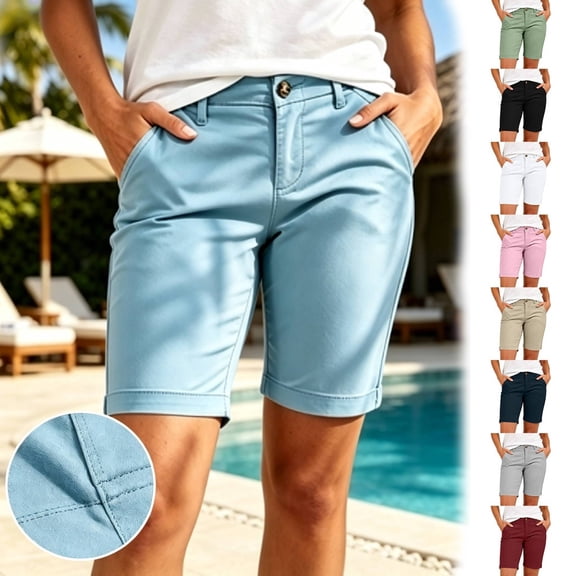 Women's Stretch Twill Bermuda Shorts, Mid Rise Pull On Waist with Functional Pockets, Casual Summer Hiking Shorts for Outdoor Adventures or Daily Wear, Comfortable Pull | CSEONE,Black L