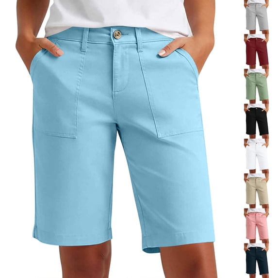 Women's Stretch Twill Bermuda Shorts, Mid Waisted with Button Closure, Slimming Fit & Multi Pockets, Casual Summer Workwear Chino Hiking Shorts, Comfortable Walking Everyday