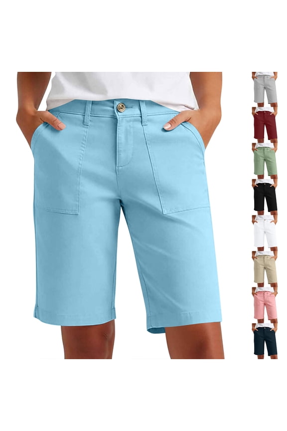 Women's Stretch Twill Bermuda Shorts, Mid Waisted with Button Front Closure, Tummy Control & Multi Pockets, for Casual Walking, Workwear, Hiking & Summer Chino | TruHer,Khaki L