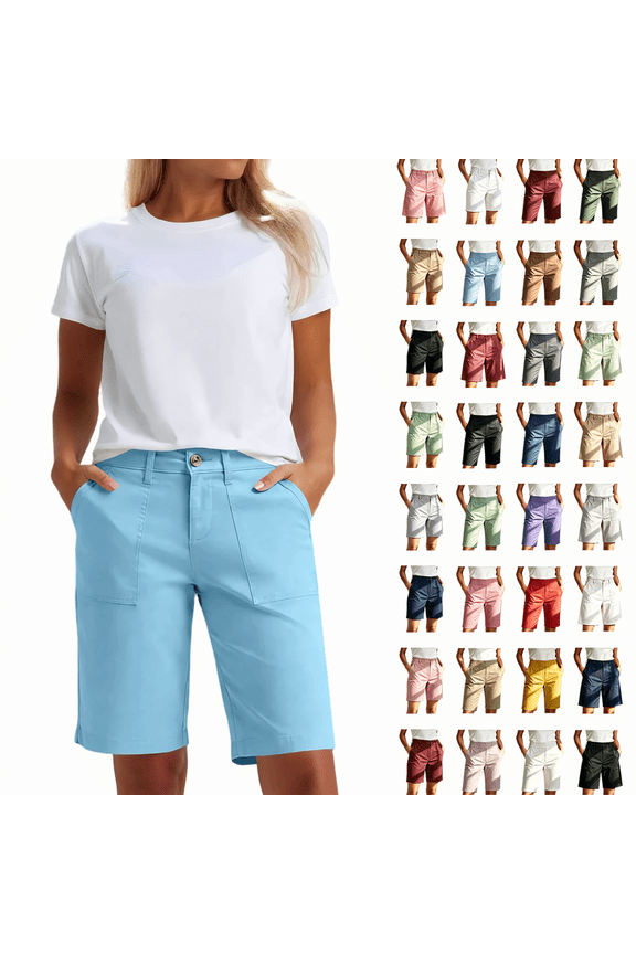 Women's Stretch Twill Bermuda Shorts with Pockets, Mid Rise Button Closure Chino Shorts, Casual Walking Hiking Summer Workwear, Multi Pocket Cotton Blend Shorts | VerBelle,Navy S