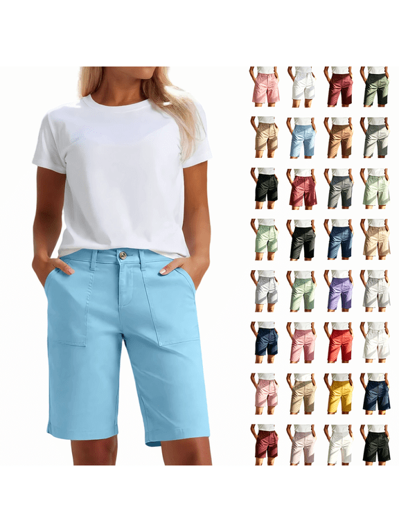 Women's Stretch Twill Bermuda Shorts with Pockets, Mid Rise Button Closure Chino Shorts, Casual Walking Hiking Summer Workwear, Multi Pocket | VerBelle,Khaki XL