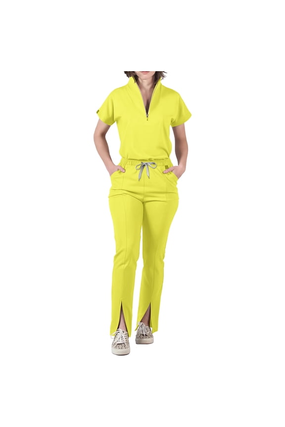 Women's Stretch V-Neck Zipper Scrub Set with Tapered Pants Medical Nurse Uniform Quick Drying Comfort Work Wear Yellow L