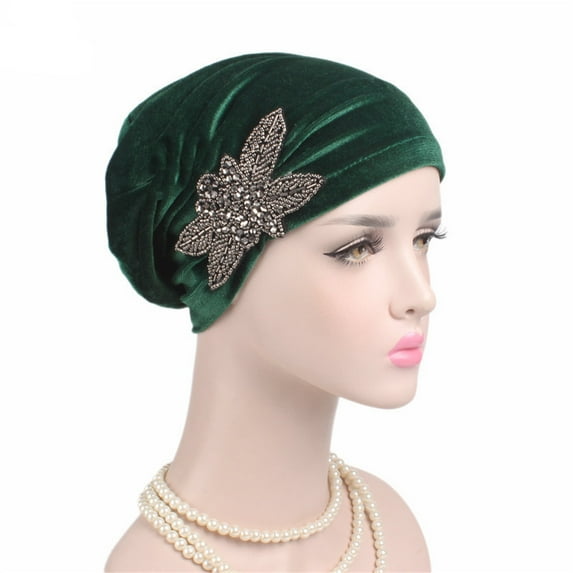 Women's Stretch Velvet Turban Hat Cancer Chemo Beanie Beaded Flower Hair Wrap Cap Headwear,Elegant Soft Velvet Turban Beanie with Beaded Flower Hat Chemo Cap Liner for Cancer Hair Loss Ladies