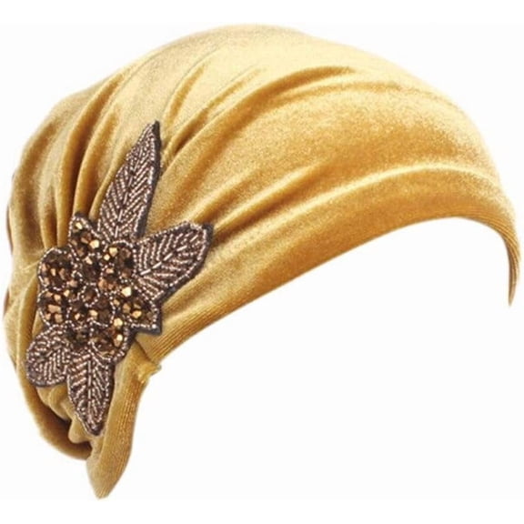 Women's Stretch Velvet Turban Hat Cancer Chemo Beanie Beaded Flower Hair Wrap Cap Headwear