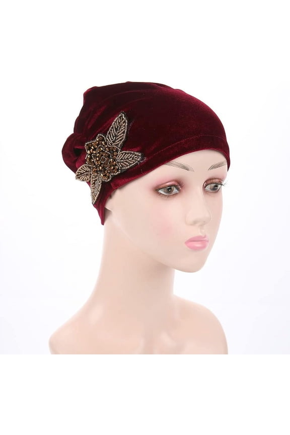 Women's Stretch Velvet Turban Hat Cancer Chemo Beanie Beaded Flower Hair Wrap Cap Headwear
