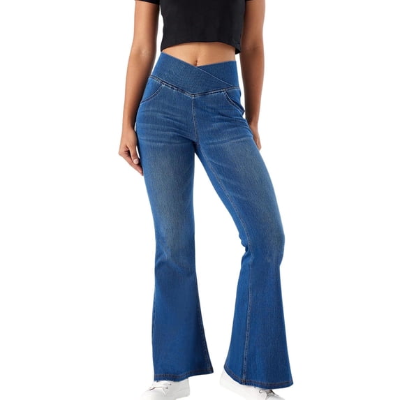 Women's Stretch Wide Leg Jeans with 4 Pockets Comfortable Trousers, High Waist, Stretchable, Timeless Classic and Universal Style, Polyester