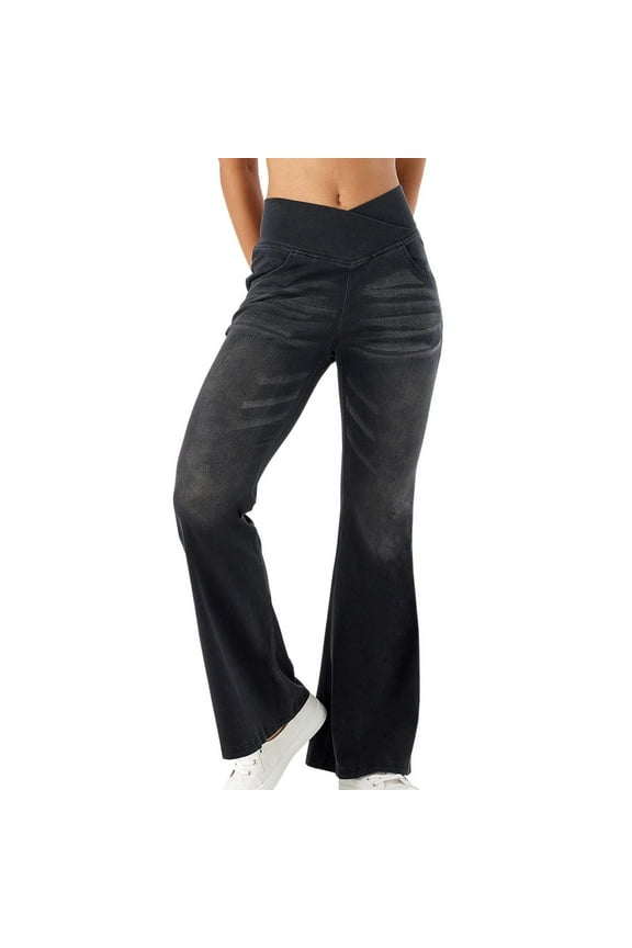 Women's Stretch Wide Leg Jeans with 4 Pockets Comfortable Trousers, High Waist, Stretchable, Timeless Classic and Universal Style, Polyester