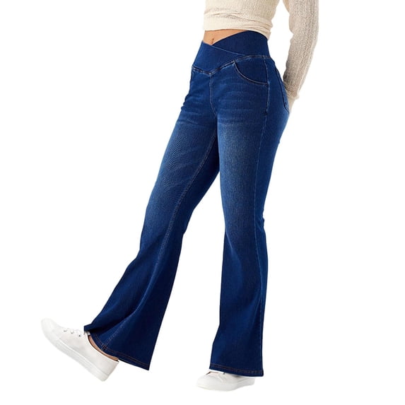 Women's Stretch Wide Leg Jeans with 4 Pockets Comfortable Trousers, High Waist, Stretchable, Timeless Classic and Universal Style, Polyester
