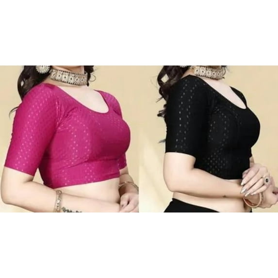 Women's Stretchable Elbow Sleeve Saree Blouse Combo – Pack of 2 (Pink & Black)