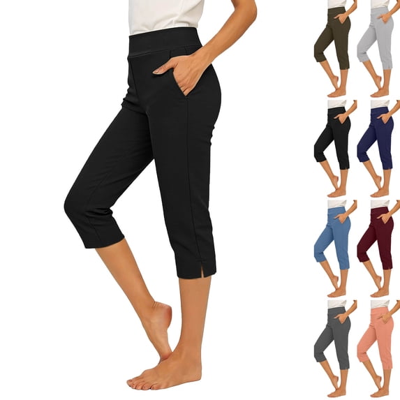 Women's Stretchy Capri Pants High Waisted Button Straight Leg Cropped Pants Workout Athletic Casual Pants Black S