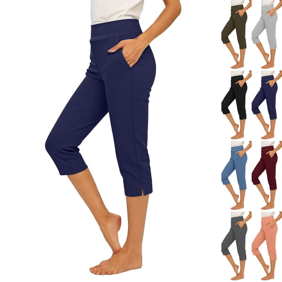 Women's Stretchy Capri Pants High Waisted Button Straight Leg Cropped Pants Workout Athletic Casual Pants Navy L