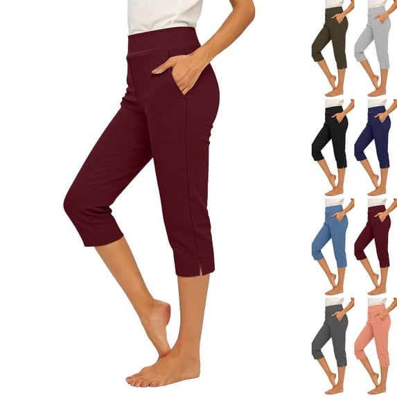 Women's Stretchy Capri Pants High Waisted Button Straight Leg Cropped Pants Workout Athletic Casual Pants Wine XXL