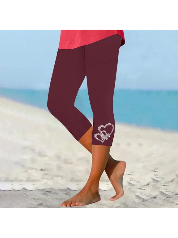 Women's Stretchy Capris Leggings Rhinestone Printed High Waist Cute Casual Workout Yoga Cropped Pants Red S
