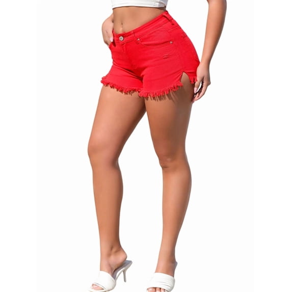 Women's Stretchy Cotton Denim Shorts, Mid Rise with Ripped Details and Frayed Hem Red S