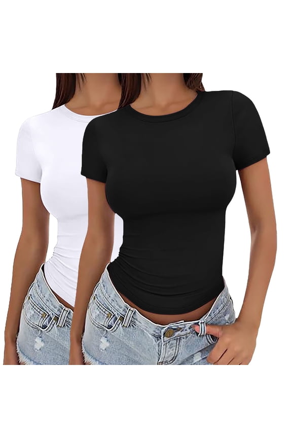Women's Stretchy Crop Top Summer Essential Round Neck Short Sleeve Pullover Soft Fabric Trendy Streetwear Style