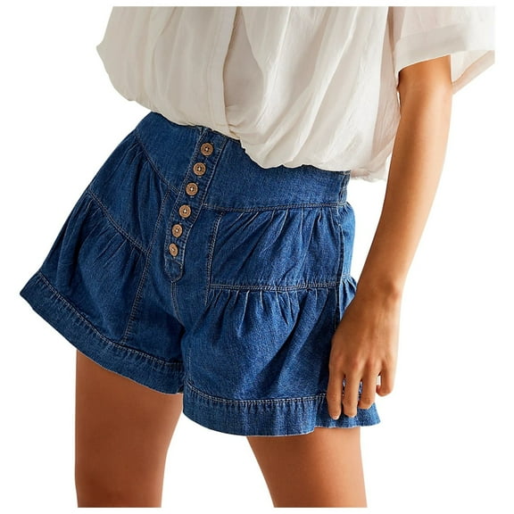 Women's Stretchy Denim Bermuda Ripped Jeans Shorts Floral Ruffle Denim Casual Elastic Waist Summer Fashion Bottoms Loose High Waisted Short with Pockets S-XL