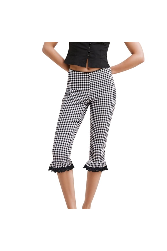 Women's Stretchy Denim Bermuda Shorts Fashion Retro Plaid Ruffle Cropped Pants Cute Tight Bottom Casual Loose High Waisted Short S-XL