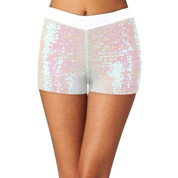 Women's Stretchy Denim Bermuda Shorts Sequins Disco Pants Shiny Glitter Jazz Mini Stretch Dance Loose High Waisted Short S-2XL