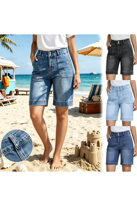 Women's Stretchy Denim Shorts with Elastic Waistband, Functional Side Pockets for Casual Outings, Summer Travel, or Daily Errands, Comfortable Bermuda | CSEONE,Black L