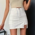 thumbnail image 1 of Women's Stretchy Denim Skirt High Waist Mini A-Line Side Slit Casual Summer Skirt with Pockets Trendy Comfortable Outfit, 1 of 4