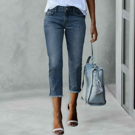Women's Stretchy Distressed Hem Denim Capri Jeans Fashionable Straight Leg Casual Pants Comfortable Washed Lightweight
