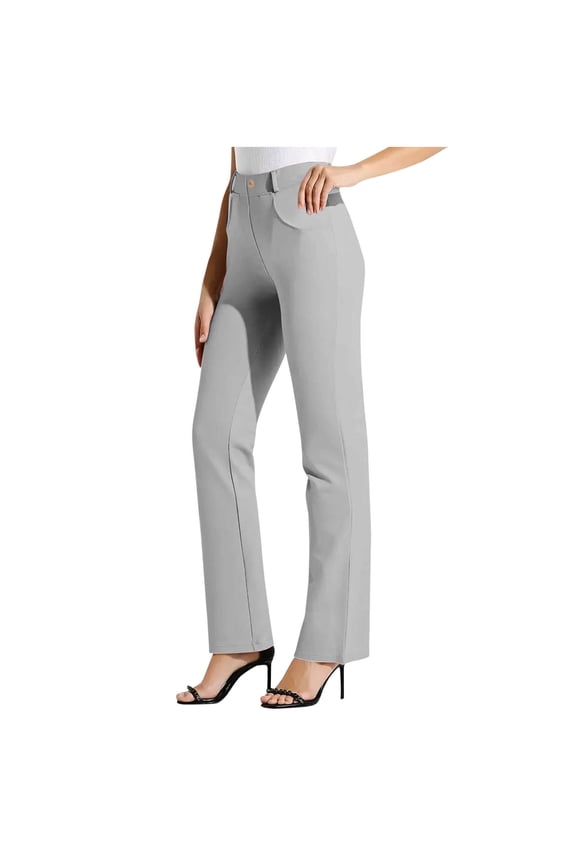 Women's Stretchy Dress Pants Pull on Trousers Straight Leg Slacks Pockets Plus Size for Work Business Casual Gray