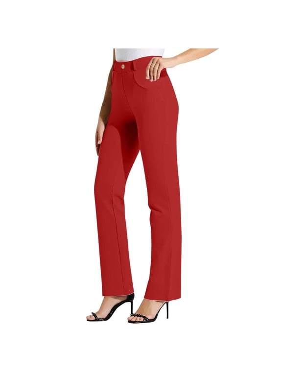 Women's Stretchy Dress Pants Pull on Trousers Straight Leg Slacks Pockets Plus Size for Work Business Casual Red