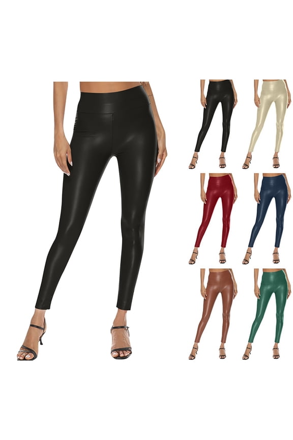 Women's Stretchy Faux Leather Leggings High Waisted Pleather Pants Sexy PU Butt Lifting Leather Tights Black L