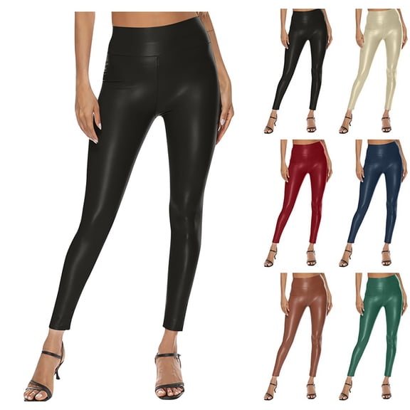 Women's Stretchy Faux Leather Leggings High Waisted Pleather Pants Sexy PU Butt Lifting Leather Tights Black S