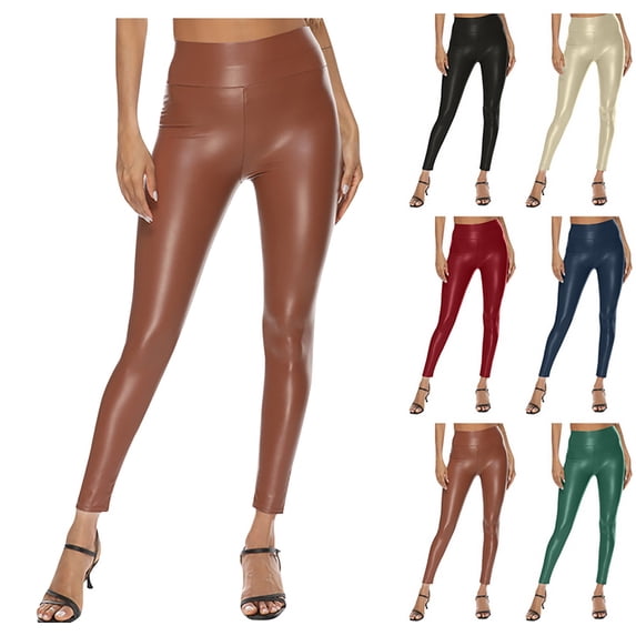 Women's Stretchy Faux Leather Leggings High Waisted Pleather Pants Sexy PU Butt Lifting Leather Tights Brown L