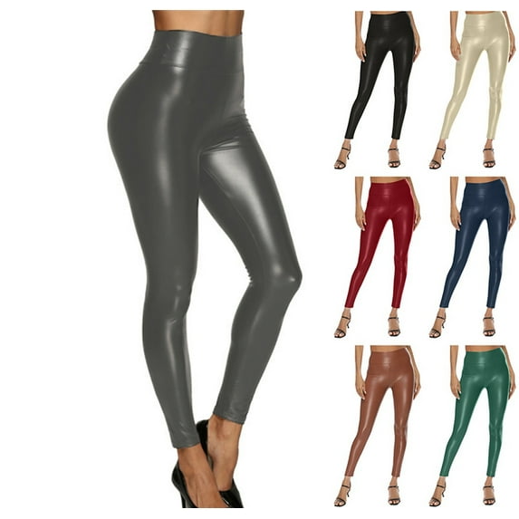 Women's Stretchy Faux Leather Leggings High Waisted Pleather Pants Sexy PU Butt Lifting Leather Tights Gray M