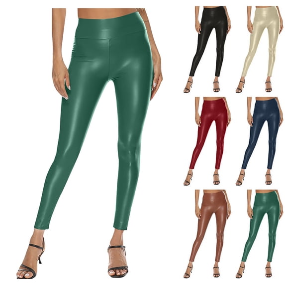 Women's Stretchy Faux Leather Leggings High Waisted Pleather Pants Sexy PU Butt Lifting Leather Tights Green L