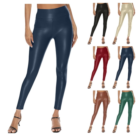 Women's Stretchy Faux Leather Leggings High Waisted Pleather Pants Sexy PU Butt Lifting Leather Tights Navy XL