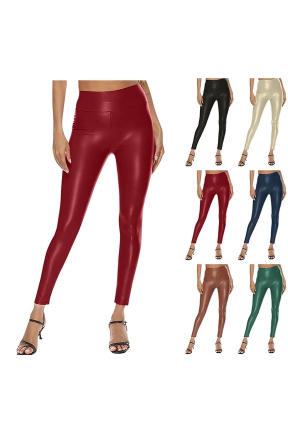 Women's Stretchy Faux Leather Leggings High Waisted Pleather Pants Sexy PU Butt Lifting Leather Tights Wine XXL