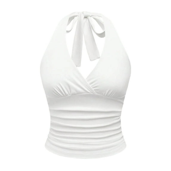 Women’s Stretchy Halterneck V Neck Camisole Top Solid Color Tie Back Backless Lightweight Layering Fitted Tanks Top