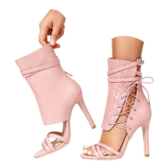 Women's Stretchy High Top Two Strapy Stiletto Sandals Sexy Open Toe High Heel Summer Elastic Ankle Boots for Summer Dress Wedding Party Daily Wear Pink Size 7.5