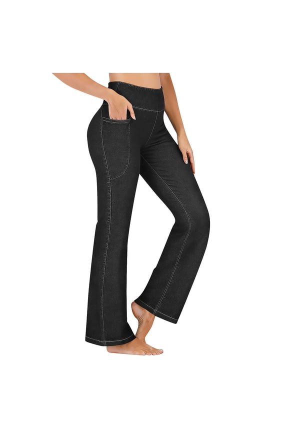 Women's Stretchy High Waist Bell Bottom Jeans Wide Leg Tummy Control Denim Yoga Pants with Front Back Pockets for Casual Workout Daily Wear，Black，S